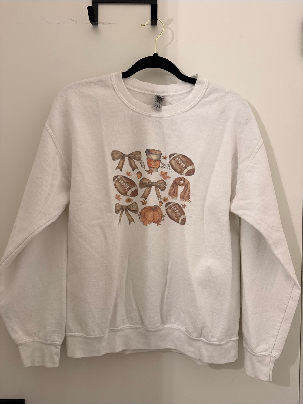 Gildan White Crewneck Sweatshirt with Autumn Football & Pumpkin Graphic